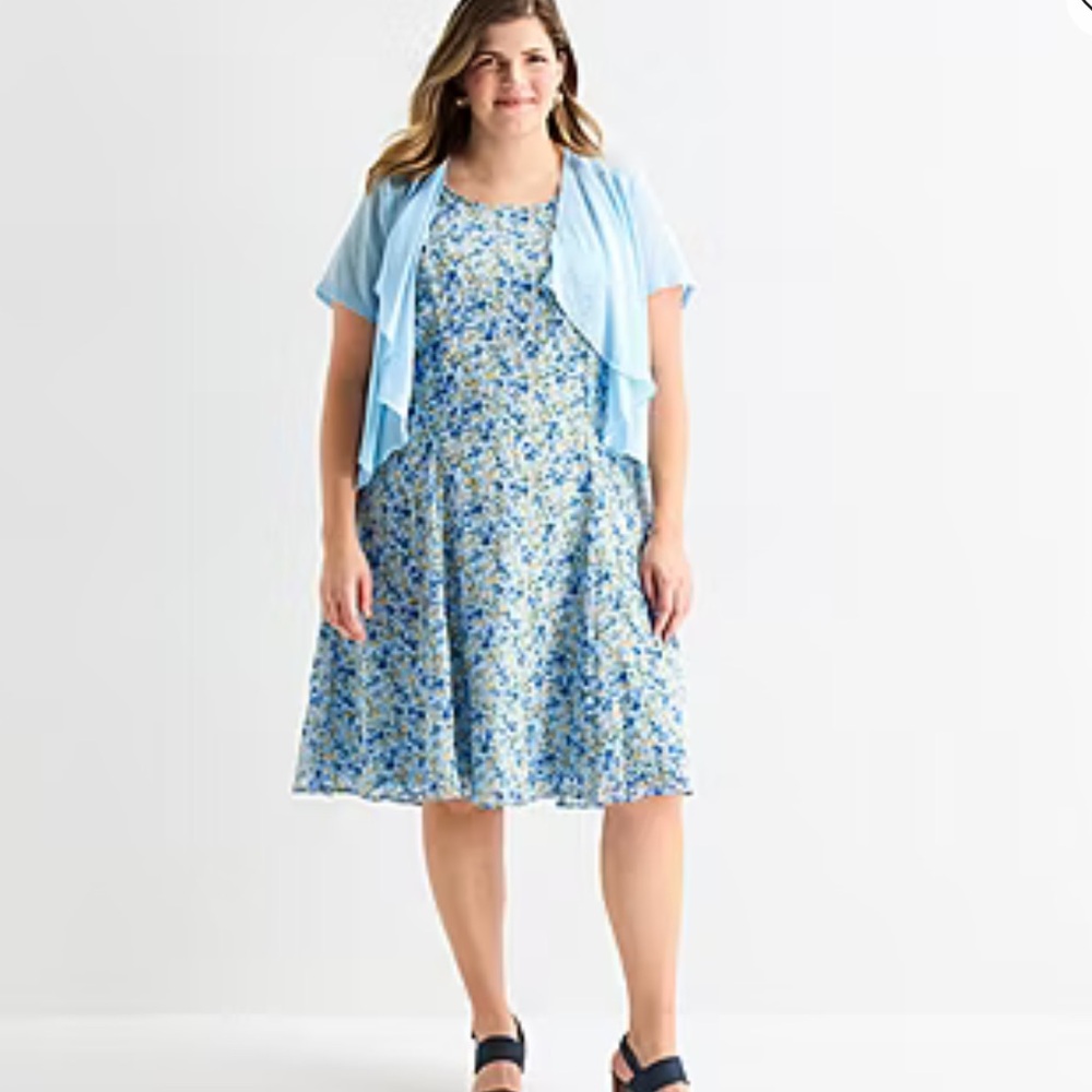 Perceptions Light Blue Ruffled Jacket with Blue Floral Dress Sz S